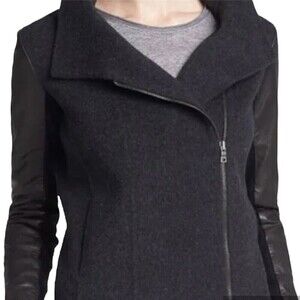 VINCE Funnel Neck Jacket Knit Wool Leather Sleeves in Charcoal Black XS Moto